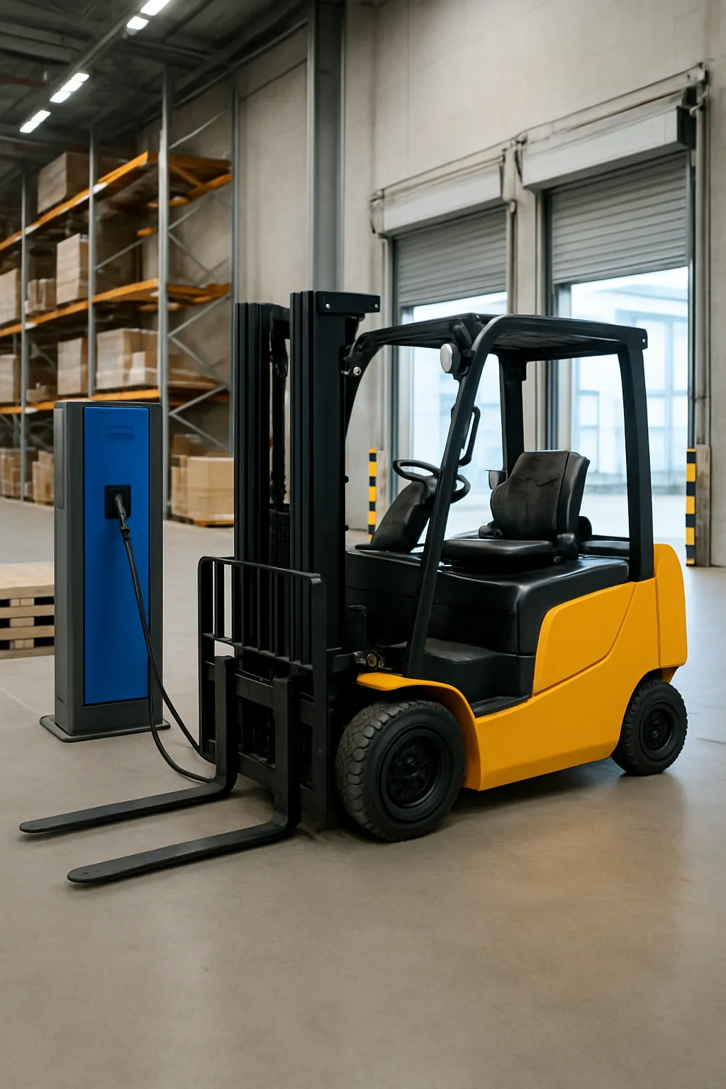 electric counterbalance forklift positioned near a warehouse charging station