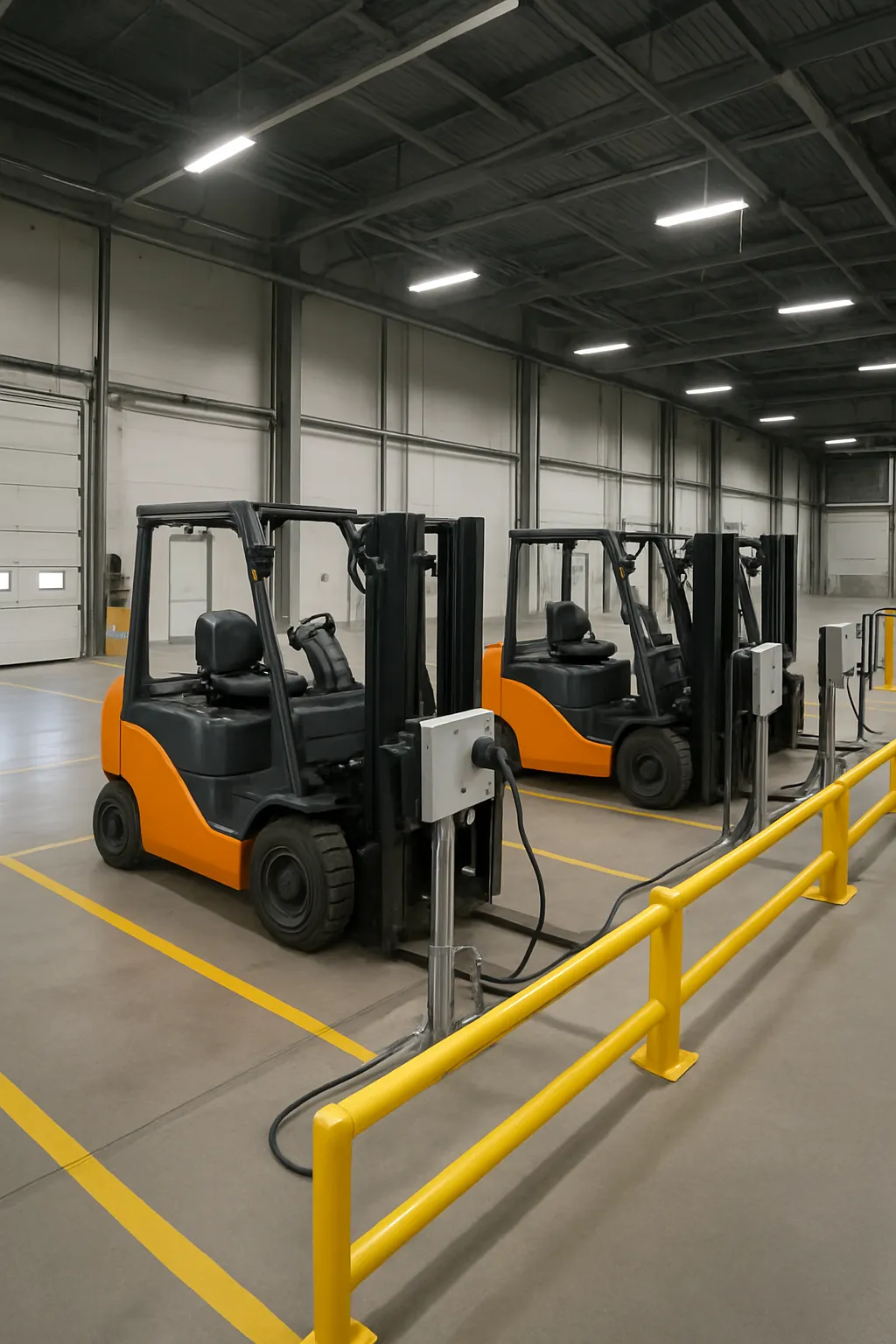 electric forklift charging stations positioned safely inside a warehouse