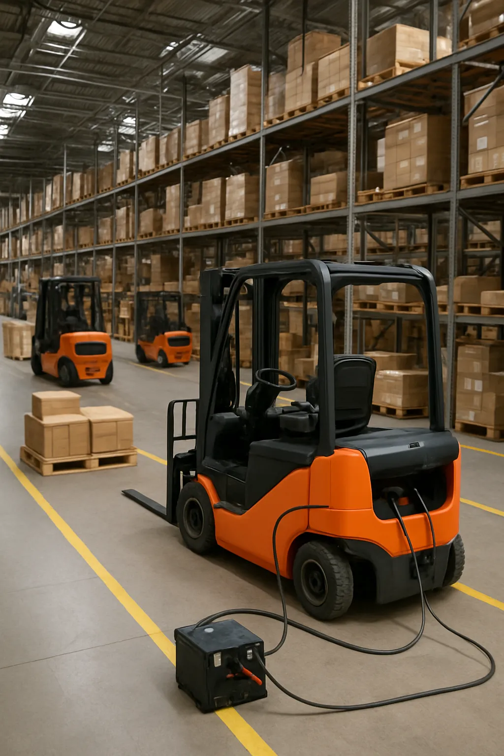 electric forklift charging workflow integrated into warehouse operations