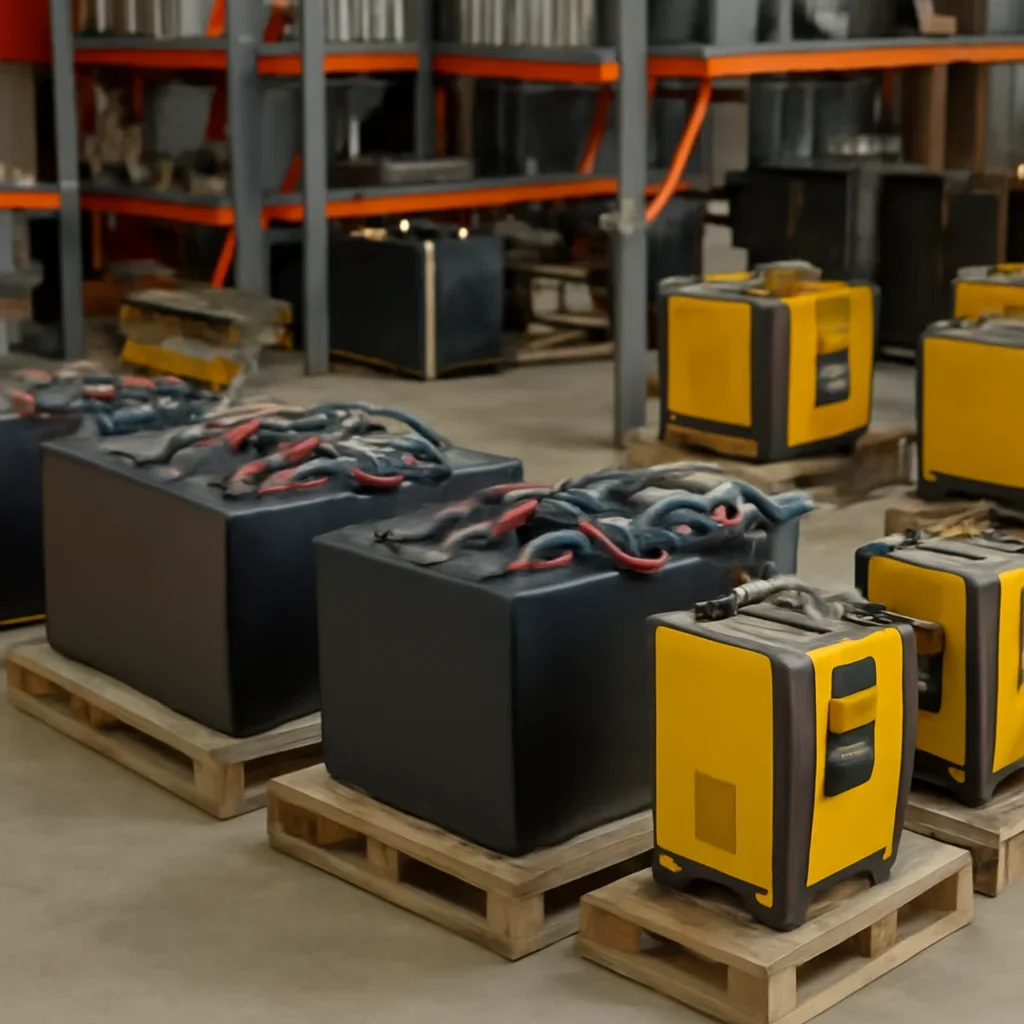 forklift batteries and chargers prepared for a material handling operation