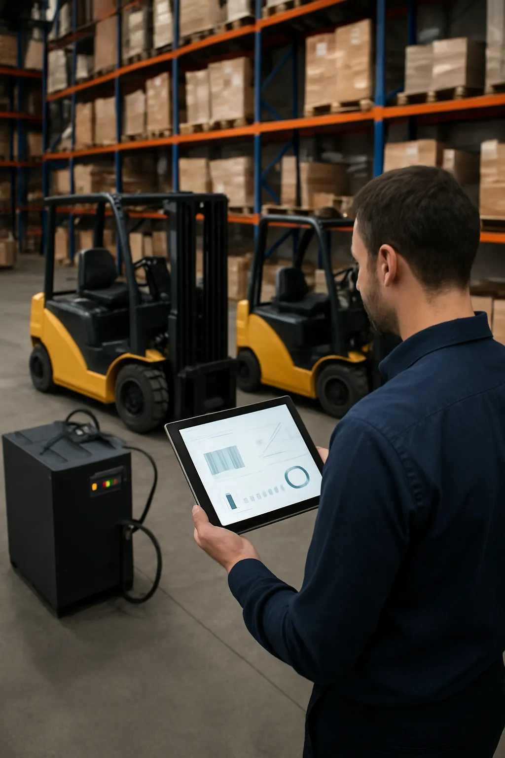 warehouse fleet manager reviewing forklift battery operating costs