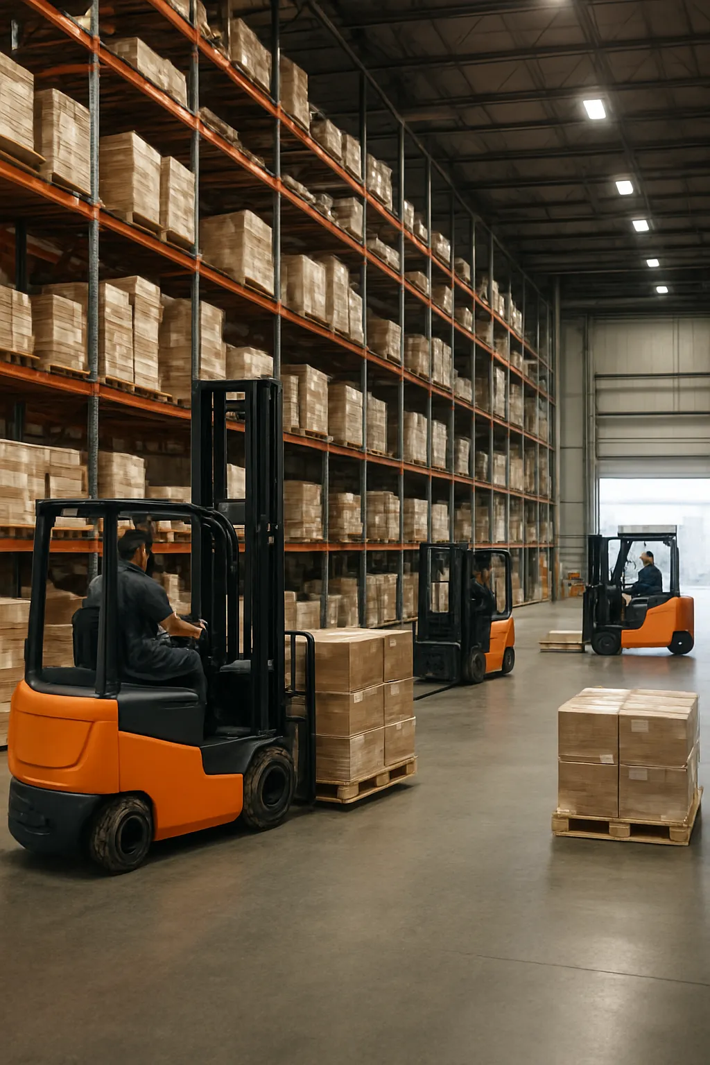 electric forklifts operating in a busy Houston warehouse