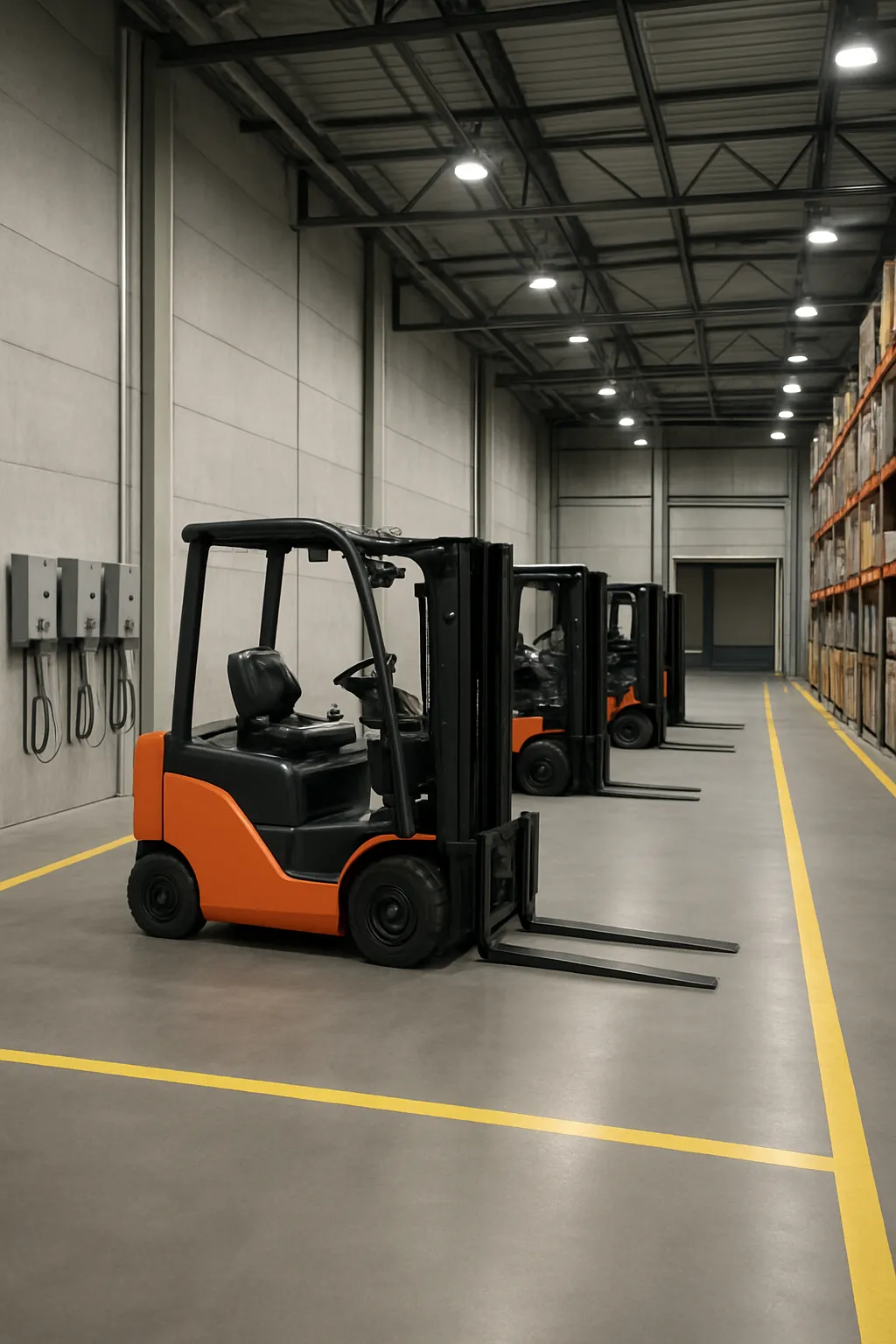 warehouse facility prepared with charging infrastructure for electric forklifts